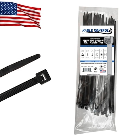 Kable Kontrol Cable Tie, 18 in L, 0.87 in Max Bundle Dia., Black, Nylon 6/6, 120 lb Strength, 50 PK CTUSA-18-120-50-BK